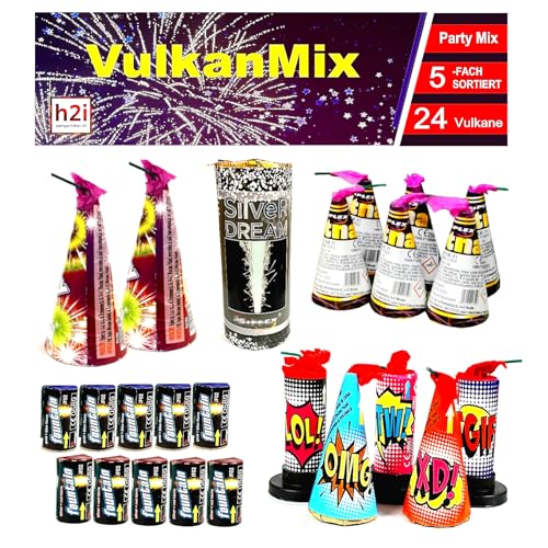 h2i Vulkan Mix | 24 St. | 5fach Sortiert | Outdoor Vulkan Mix für Silvester, Halloween & Partys | Kinder & Jugendfeuerwerk | Ganzjahresfeuerwerk Kat 1 von h2i