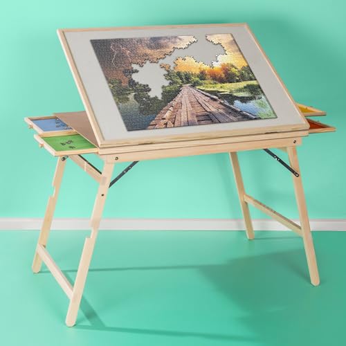 Puzzletisch mit 4 Schubladen, 89,5 x 69 x 74,5 cm, für 1500 Teile, Holz, Klappbare Beine Puzzletisch mit 4 Schubladen, 89,5 x 69 x 74,5 cm, für 1500 Teile, Holz, Klappbare Beine von habeig