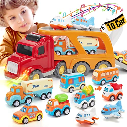 Auto Spielzeug ab 2 Jahre Cars für Kinder, 10 in 1 Baby LKW mit Licht und Musik für Jungen, Transporter ab 1 2 3 4 Jahre Junge Geschenk von hahaland