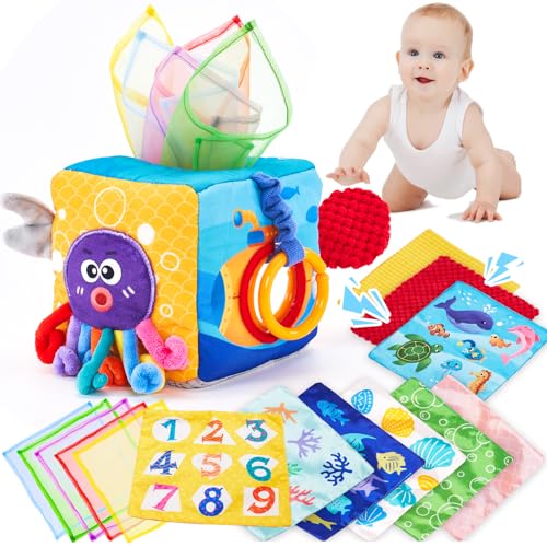 hahaland Baby Spielzeug 6 12 Monate Tissue Box, Montessori Toy Sensorik motorik Spielzeug, Stofftücher Kontrastreiche Farben Lernen Sensorische Spielzeug für Jungen Mädchen Geschenke von hahaland