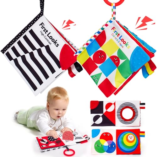 Baby Spielzeug Bücher 0-6 Monate, Babybuch Stoffbuch Schwarz und Weiß Kontrasten Babyspielzeug für Neugeborene, Weiche Crinkle Stoff Bücher Montessori Kleinkind Visuelle Stimulieren Geschenk 2PCS von hahaland