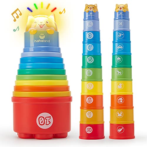 10 Stück Stapelbecher Baby Spielzeug ab 1 Jahr, Regenbogen Stapelturm Baby Spielzeug mit Lichter Klänge Zahlen Nisten, Badespielzeug Strandspielzeug für ab 1 2 3 Jahr Junge Mädchen von hahaland