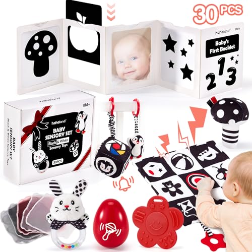 hahaland Baby Spielzeug 0-6 Monate - 30 TLG Schwarz-Weiß Kontrast Lernspielzeug Set, Montessori Sensorik Stoffbuch & Kinderwagen Hängespielzeug, Gehirnentwicklung Geschenk für 0 3 6 12 Monate von hahaland