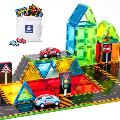 hahaland Magnetische Bausteine 62 PCS Magneten Kinder Spielzeug Magnetspielzeug Tiles mit Autos für 3 Jahre Montessori Bauaktivitäten Spielzeug Geburtstag Geschenke für 3 4 5 6 7 Jahre Junge Mädchen von hahaland