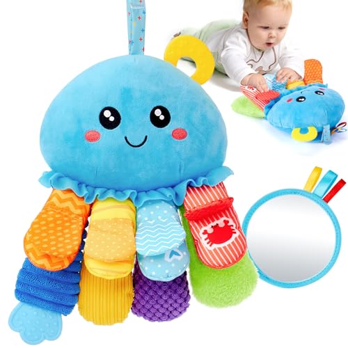 hahaland Oktopus Activity Sensorik Rassel mit Beißring,Spiegel,Baby Knister Spielzeug zum Greifen für Jungen und Mädchen 0 3 6 Monate,Neugeborene Geschenk, Montessori Greifling Spielzeug von hahaland