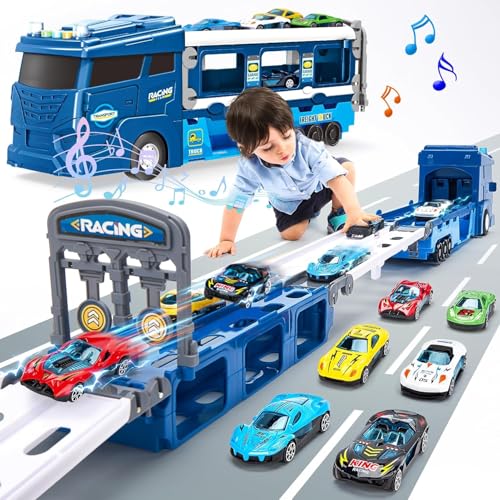 hahaland Transport Truck Spielzeugautos Rennbahnen für 2-4 Jahre Jungen Rennautos, Auto Spielzeugset für Kinder ab 3, 4, 5, 6 Jahren Geburtstagsgeschenk von hahaland