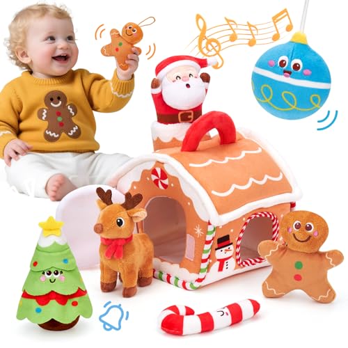hahaland Weihnachts Plüschtiere Baby Spielzeug 6–12 Monate, Nikolaus Geschenk Spielzeug 6 Monate,Motorikspielzeug mit Lebkuchenhaus, Santa, Rentier, Rasseln,Kinderspielzeug 1 Jahr von hahaland