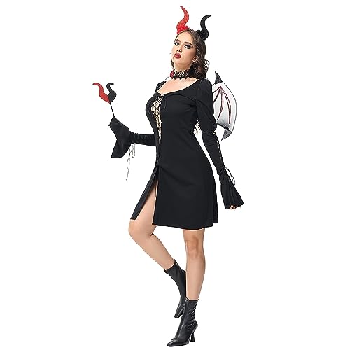 hahuha Damen Übergröße Kleider Damen Halloween Rollenspiel Kostüme Gothic Mittelalter Hexenkostüme Vierteiliges Set Kleider in Übergröße für Frauen Party (Schwarz-l, M) von hahuha