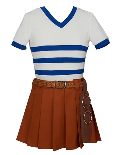 haikyuu Anime-Cosplay-Kostüm, weiß-blau, gestreiftes Oberteil, gelber Rock, Set mit Gürtel (Größe L) von haikyuu