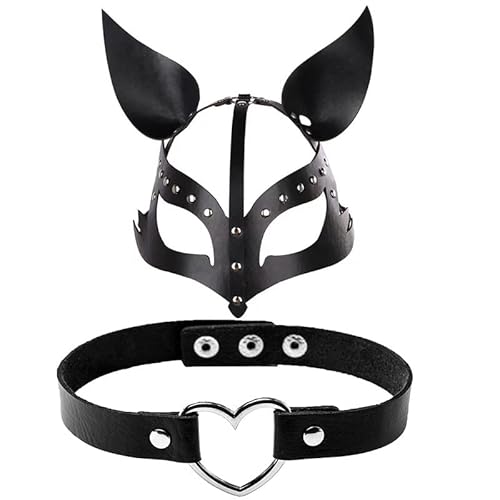 Ruisy Frauen Ledermaske Hase Fuchs Maske Tier Halbgesichtsmaske Maskerade mit Choker Gothic Halsband Halskette für Cosplay Halloween Party Kostüm (Fuchs) von hanaiette