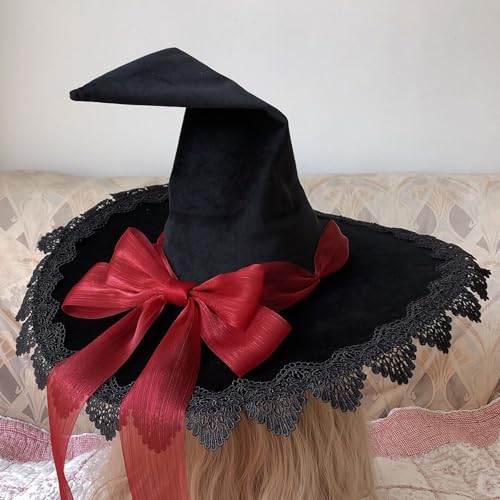 Halloween-Hexen-Zaubererhut mit Schleife, spitzer Hexenhut, Halloween-Verkleidungskappe, Kostüm, breite Krempe, Zauberer, Cosplay, Kostüm, Party-Zubehör von haozaikeji