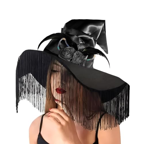 Hexenhut Leuchtender Zaubererhut Fransen Quasten Spitze Hexenkappe mit Feder Halloween Dress Up Kopfbedeckung Breite Krempe Zauberer Kappe Cosplay Requisiten Halloween Kostüm Verkleidung Party Zubehör von haozaikeji