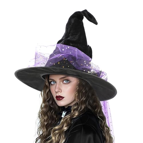Hexenhut für Kinder, Totenkopf-Zaubererhut, spitze Hexenkappe mit Netzfeder, Halloween-Verkleidungsrequisiten, breite Krempe, Zauberermütze, Cosplay, Kopfbedeckung, Halloween-Kostüm, Party-Zubehör von haozaikeji