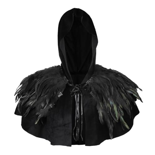 Mittelalterlicher Cowl Hut mit Federumhang Halloween Kapuzenhut Gothic Schal Shrug Todesumhang Vintage heidnische Verkleidung Hexe Zauberer Vampir Sensenmann Mönch Umhang Halloween Cosplay Party von haozaikeji