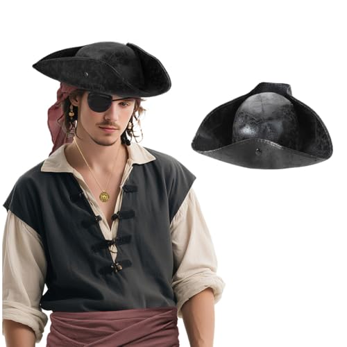Piratenhut Piratenkapitän Rollenspiel Outfit Zubehör Dreisporn Hut Leder Mittelalter Distressed Tricorn Kolonial Cap Karibik Kostüm Verkleidung Halloween Karneval Cosplay Party Kopfbedeckung Kavalier von haozaikeji