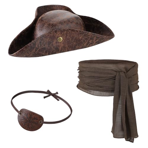 Piratenkapitän Zubehör, Mittelalterliches Piratenkostüm-Zubehör-Set für Damen und Herren, Kunstleder, Distressed Kolonialstil, Dreihornhut, Augenklappe, Schärpe, Gürtel für Halloween, Cosplay, Party Piratenkapitän Zubehör, Mittelalterliches Piratenkostüm-Zubehör-Set für Damen und Herren, Kunstleder, Distressed Kolonialstil, Dreihornhut, Augenklappe, Schärpe, Gürtel für Halloween, Cosplay, Party von haozaikeji