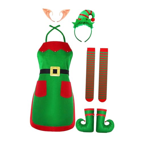harayaa Elfenschürze, Weihnachtskostüm-Set, Backschürze, Cartoon-Cosplay-Outfit für Neujahr, Karneval, Festival, Halloween, Maskerade, mit Ohren und Socken von harayaa