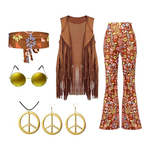 harayaa Hippie-Kostüm-Set, Quasten, Weste, Hose, Kopfbedeckung, Damen, bequem, dekorativ, leichte Kleidung, Requisiten für Partyzubehör, L von harayaa