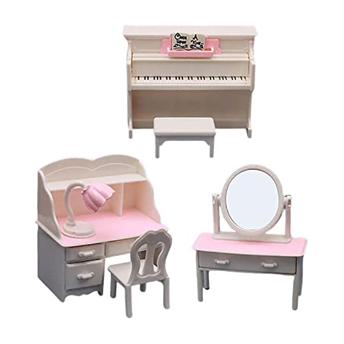 harayaa Puppenhaus Schlafzimmermöbel im Maßstab 1:12, Schreibtisch und Stuhl Set, Weiß, Gitarre n von harayaa