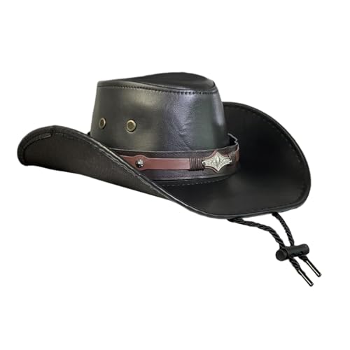 harayaa Western-Cowboy-Hut, Outdoor-Sonnenhut für Herren, modische Jazz-Hüte aus Kunstleder mit Kinnriemen für Club, Bar, Halloween-Festival, Schwarz harayaa Western-Cowboy-Hut, Outdoor-Sonnenhut für Herren, modische Jazz-Hüte aus Kunstleder mit Kinnriemen für Club, Bar, Halloween-Festival, Schwarz von harayaa