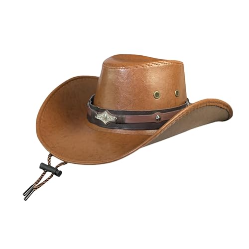 harayaa Western-Cowboy-Hut, Outdoor-Sonnenhut für Herren, modische Jazz-Hüte aus Kunstleder mit Kinnriemen für Club, Bar, Halloween-Festival, braun von harayaa