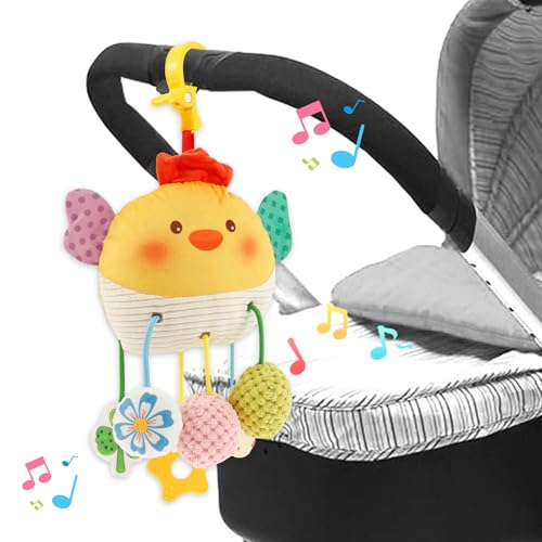 Baby Kinderwagen Spielzeug,Baby spielzeug für 0-12 Monate mit Clip und Backenzahnspielzeug,Kordelzug,Läutende Glocke,Zerrspiegel,Quietschen, Frühentwicklung Kinderwagen Auto Spielzeug (Küken) von harupink