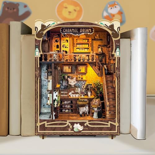 Harupink Book Nook Kit,DIY Miniatur Haus Kit mit Induktion LED-Licht,Staubdicht,3D Puzzle Buchstützen aus Holz,DIY Puppenhaus Bücherecke,Kreative Geschenkdekoration(Karamell-Traumland) von harupink