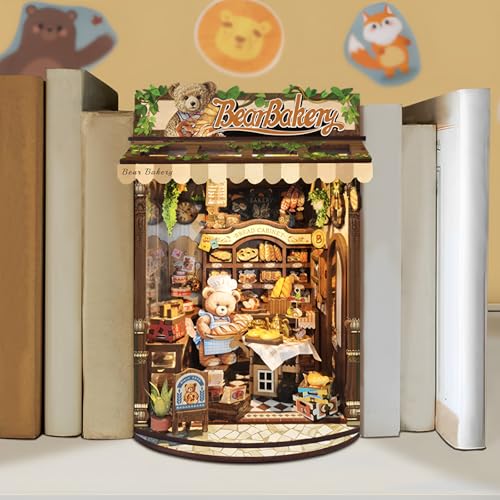 Harupink Book Nook Kit,DIY Miniatur Haus Kit mit Induktion LED-Licht,Staubdicht,3D Puzzle Buchstützen aus Holz,DIY Puppenhaus Bücherecke,Kreative Geschenkdekoration(Klein Bärenbäckerei) von harupink