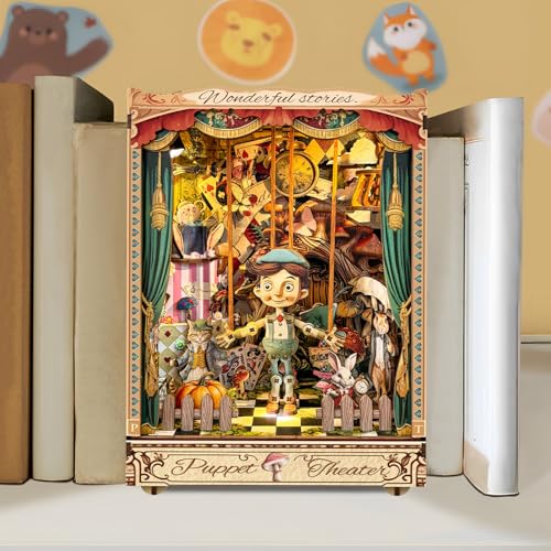 Harupink Book Nook Kit,DIY Miniatur Haus Kit mit Induktion LED-Licht,Staubdicht,3D Puzzle Buchstützen aus Holz,DIY Puppenhaus Bücherecke,Kreative Geschenkdekoration(Puppentheater) von harupink