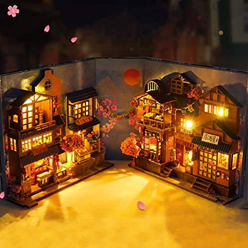 Harupink Book Nook Kit,DIY Puppenhaus Häuser,3D Holzpuzzle Nook Book Bausatz mit LED-Licht,Kreative Geschenkdekoration für Erwachsene ab 14+,Kreatives DIY Bücherregal-Deko-Set (Kirschblütenstraße) von harupink