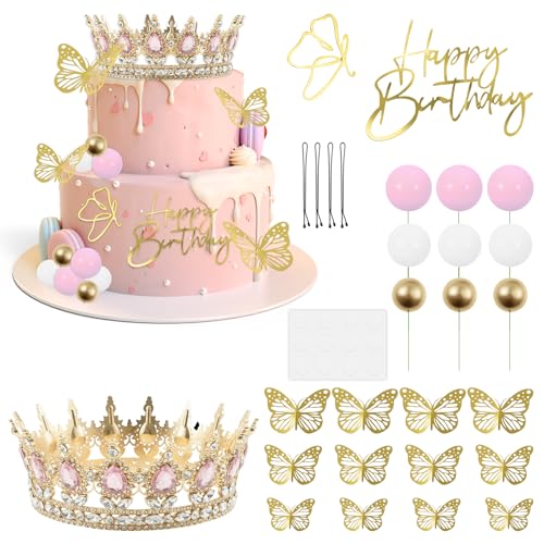 Harupink Tortendeko Krone Schmetterling Torten Deko Prinzessin Kuchen Deko Romantische Kuchen Topper Geburtstag für Babyparty Hochzeit Valentinstag Geburtstag Party Dekoration(28pcs) von harupink