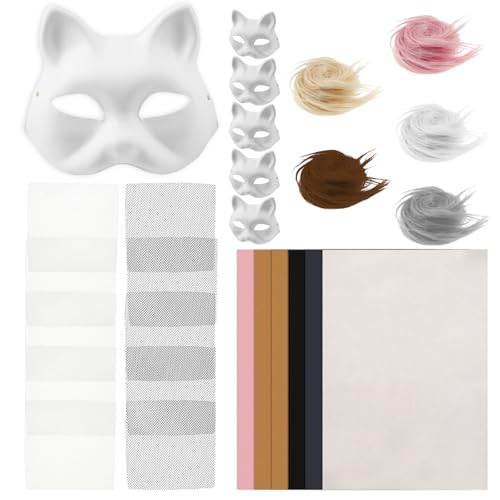 harupink 6 Stück Katzenmasken,Therian Mask mit Kuns Fell,Filztuch und Eye Mesh,DIY Masken zum Bemalen,Unbemalt Masken für Halloween Cosplay Maskerade Party Maskenball(A) von harupink