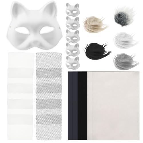 harupink 6 Stück Katzenmasken,Therian Mask mit Kuns Fell,Filztuch und Eye Mesh,DIY Masken zum Bemalen,Unbemalt Masken für Halloween Cosplay Maskerade Party Maskenball(B) von harupink