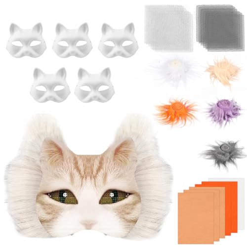 harupink 6 StückTherian Mask DIY Set,Therian Masken Kit mit Blanko Katzenmaske, Kunstpelz, Augennetz und Filztuch,Furry mask Katzenmasken für Halloween,Karneval,Maskerade,Party Cosplay(Hellbraun) von harupink