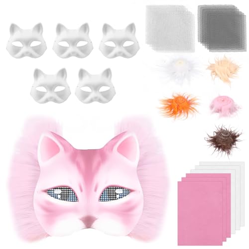 harupink 6 StückTherian Mask DIY Set,Therian Masken Kit mit Blanko Katzenmaske, Kunstpelz, Augennetz und Filztuch,Furry mask Katzenmasken für Halloween,Karneval,Maskerade,Party Cosplay(Rosa) von harupink