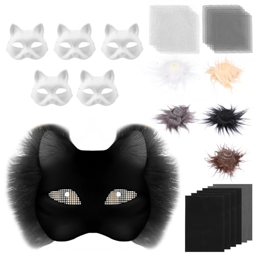 harupink 6 StückTherian Mask DIY Set,Therian Masken Kit mit Blanko Katzenmaske, Kunstpelz, Augennetz und Filztuch,Furry mask Katzenmasken für Halloween,Karneval,Maskerade,Party Cosplay(Schwarz) von harupink