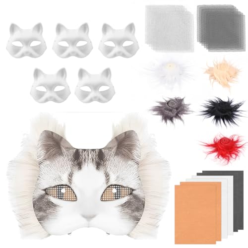 harupink 6 StückTherian Mask DIY Set,Therian Masken Kit mit Blanko Katzenmaske, Kunstpelz, Augennetz und Filztuch,Furry mask Katzenmasken für Halloween,Karneval,Maskerade,Party Cosplay(Weiß) von harupink