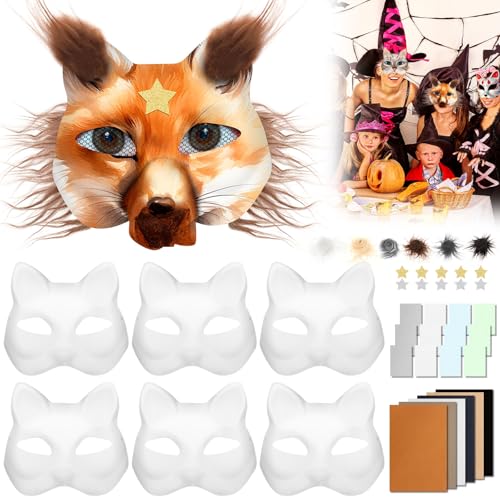 harupink 6 StückTherian Mask DIY Set,Therian Masken Kit mit Blanko Katzenmaske, Kunstpelz, Augennetz und Filztuch,Furry mask Katzenmasken für Halloween,Karneval,Maskerade,Party Cosplay (Fuchs) von harupink
