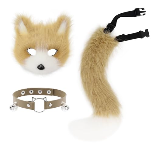 hbbhml Kunstpelz Fuchs Maske Wolf Katze flauschiger Schwanz und Leder Halskette Set Halloween Party Cosplay Kostüm Accessoire hbbhml Kunstpelz Fuchs Maske Wolf Katze flauschiger Schwanz und Leder Halskette Set Halloween Party Cosplay Kostüm Accessoire von hbbhml