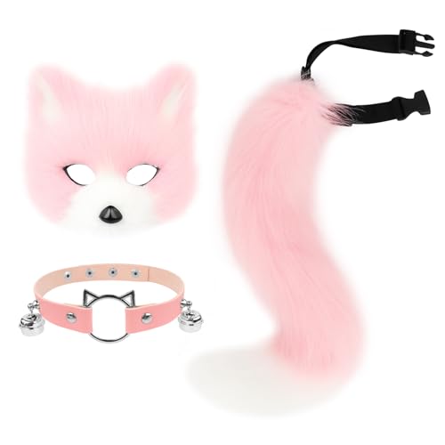 hbbhml Kunstpelz Fuchs Maske Wolf Katze flauschiger Schwanz und Leder Halskette Set Halloween Party Cosplay Kostüm Accessoire hbbhml Kunstpelz Fuchs Maske Wolf Katze flauschiger Schwanz und Leder Halskette Set Halloween Party Cosplay Kostüm Accessoire von hbbhml