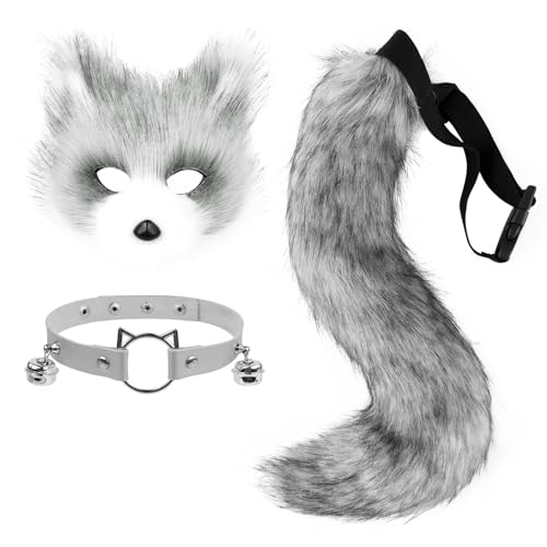 hbbhml Kunstpelz Fuchs Maske Wolf Katze flauschiger Schwanz und Leder Halskette Set Halloween Party Cosplay Kostüm Accessoire hbbhml Kunstpelz Fuchs Maske Wolf Katze flauschiger Schwanz und Leder Halskette Set Halloween Party Cosplay Kostüm Accessoire von hbbhml