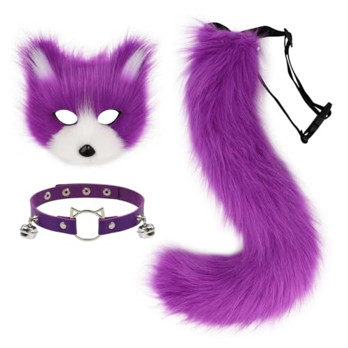 hbbhml Kunstpelz Fuchsmaske Wolf Katze Flauschiger Schwanz und Leder Halskette Set Halloween Party Cosplay Kostüm Zubehör von hbbhml