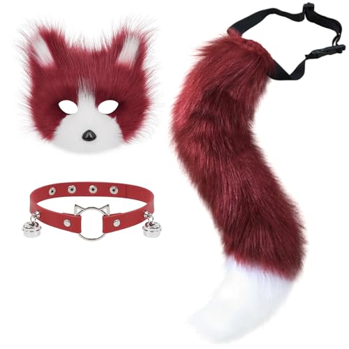 hbbhml Kunstpelz Fuchsmaske Wolf Katze Flauschiger Schwanz und Leder Halskette Set Halloween Party Cosplay Kostüm Zubehör von hbbhml