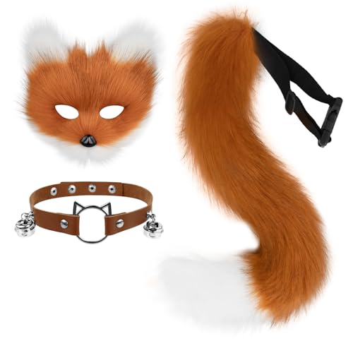 hbbhml Pelzige Katze, Fuchsmaske, Wolfsschwanz, Karneval, Halloween, Party, Cosplay, Kostüm, Leder, Halsband, Zubehör-Set für Kinder und Erwachsene von hbbhml