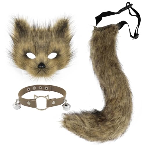 hbbhml Pelzige Katze Fuchs Maske Wolf Schwanz Karneval Halloween Party Cosplay Kostüm Leder Hals Choker Zubehör Set für Kinder Erwachsene von hbbhml