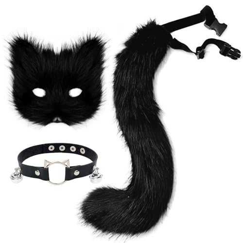 hbbhml Pelzige Katze Fuchs Maske Wolf Schwanz Karneval Halloween Party Cosplay Kostüm Leder Hals Choker Zubehör Set für Kinder Erwachsene hbbhml Pelzige Katze Fuchs Maske Wolf Schwanz Karneval Halloween Party Cosplay Kostüm Leder Hals Choker Zubehör Set für Kinder Erwachsene von hbbhml