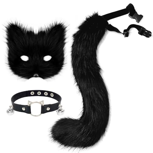 hbbhml Pelzige Katze Fuchs Maske Wolf Schwanz Karneval Halloween Party Cosplay Kostüm Leder Hals Choker Zubehör Set für Kinder Erwachsene von hbbhml