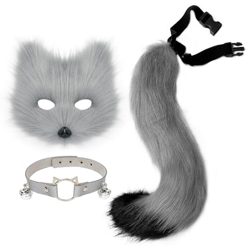 hbbhml Pelzige Katze Fuchs Maske Wolf Schwanz Karneval Halloween Party Cosplay Kostüm Leder Hals Choker Zubehör Set für Kinder Erwachsene von hbbhml