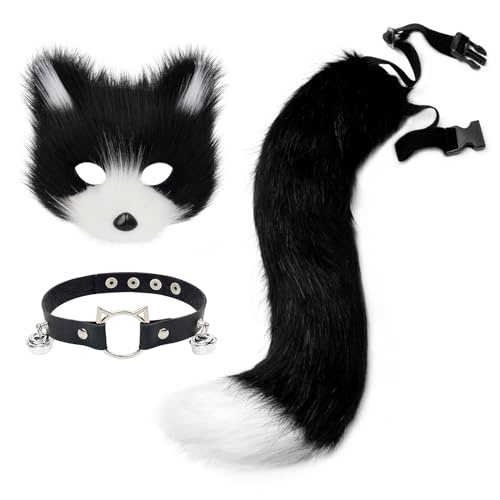 hbbhml Pelzige Katze Fuchs Maske Wolf Schwanz Karneval Halloween Party Cosplay Kostüm Leder Hals Choker Zubehör Set für Kinder Erwachsene hbbhml Pelzige Katze Fuchs Maske Wolf Schwanz Karneval Halloween Party Cosplay Kostüm Leder Hals Choker Zubehör Set für Kinder Erwachsene von hbbhml