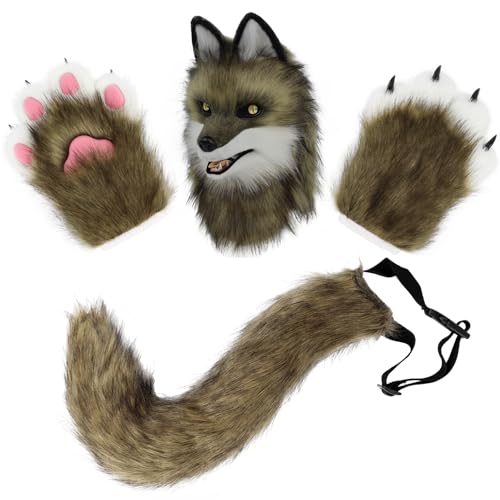 hbbhml Tier Hund Kopf Maske Neuheit Plüsch Schwanz Klaue Pfote Handschuhe Set Halloween Party Maskerade Kostüm Cosplay hbbhml Tier Hund Kopf Maske Neuheit Plüsch Schwanz Klaue Pfote Handschuhe Set Halloween Party Maskerade Kostüm Cosplay von hbbhml